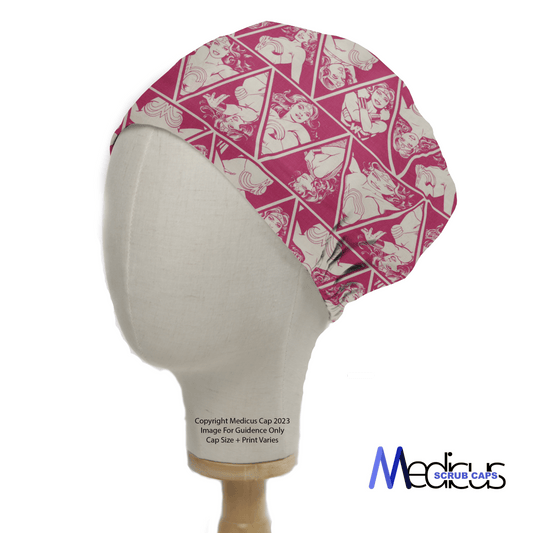 A mannequin head displays the Wonder Woman Pink Diamonds Scrub Cap by Medicus Scrub Caps, featuring pink and white geometric patterns with figures. With empowering essence and dynamic triangles, its ideal for healthcare professionals and set against a white backdrop.